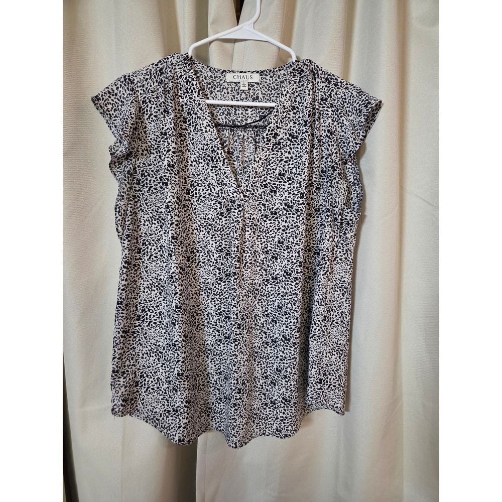 Chaus New York Womens Black White Animal Print V-Neck Flutter Sleeve Blouse L